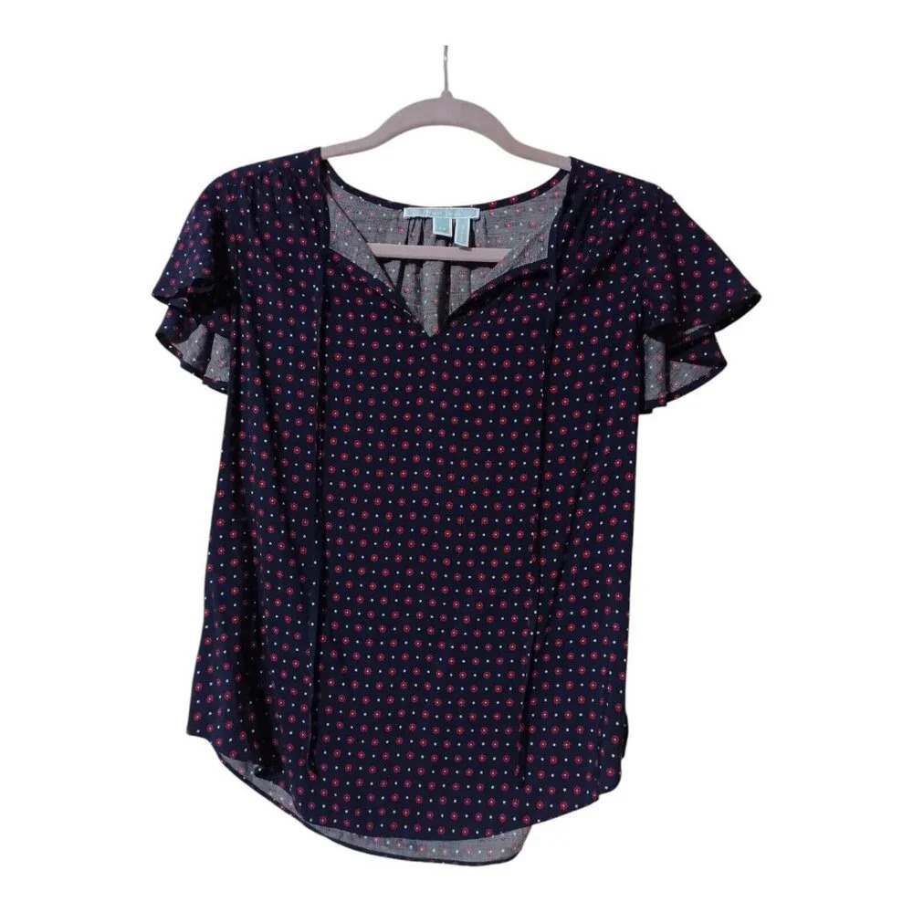 Draper James XS Blue Floral Dot Flutter Sleeve Peasant Boho Top Keyhole Tie Neck